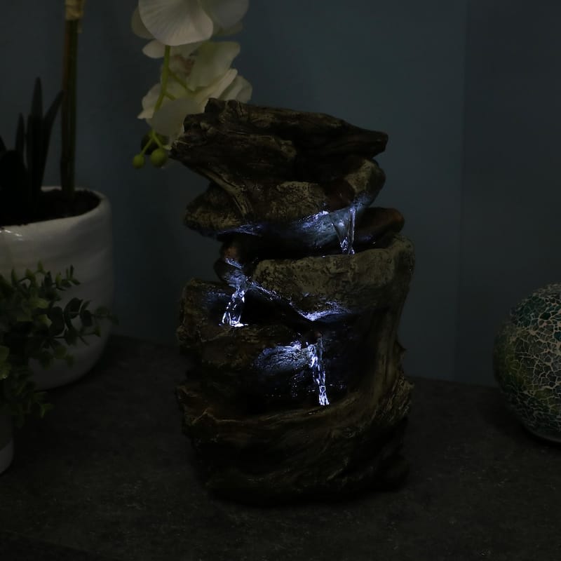 Sunnydaze Tiered Rock and Log Tabletop Fountain with LED Lights - 10.5-Inch