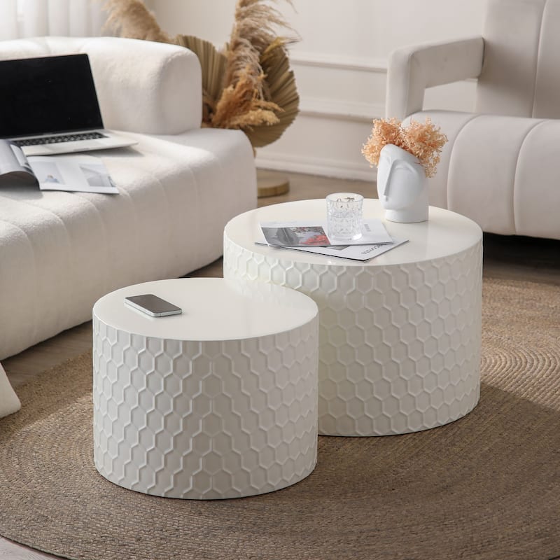 Stylish Nesting Coffee Table Set Modern Round Coffee Table with Honeycomb Design, for Living Room, 2-Piece Set