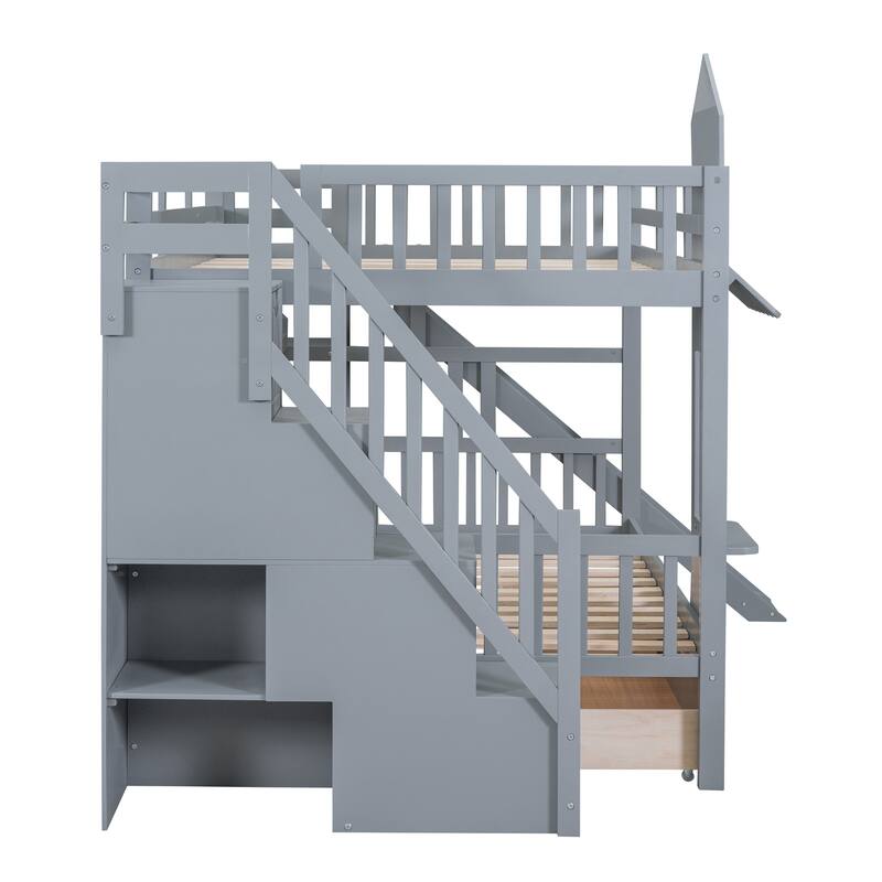 Full-Over-Full Castle Bunk Bed with 2 Drawers Shelves and Slide, Fairytale-Like Atmosphere for Your Lovely Litter Princess