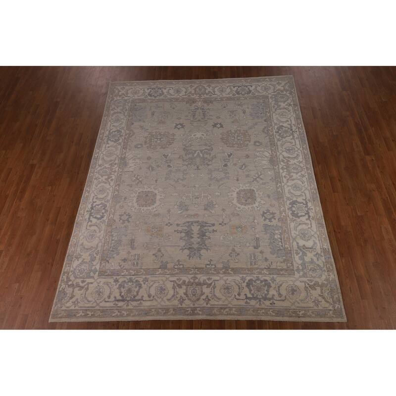 Floral Beige Oushak Turkish Area Rug Hand-Knotted Wool Carpet - 7'8"x 9'7"