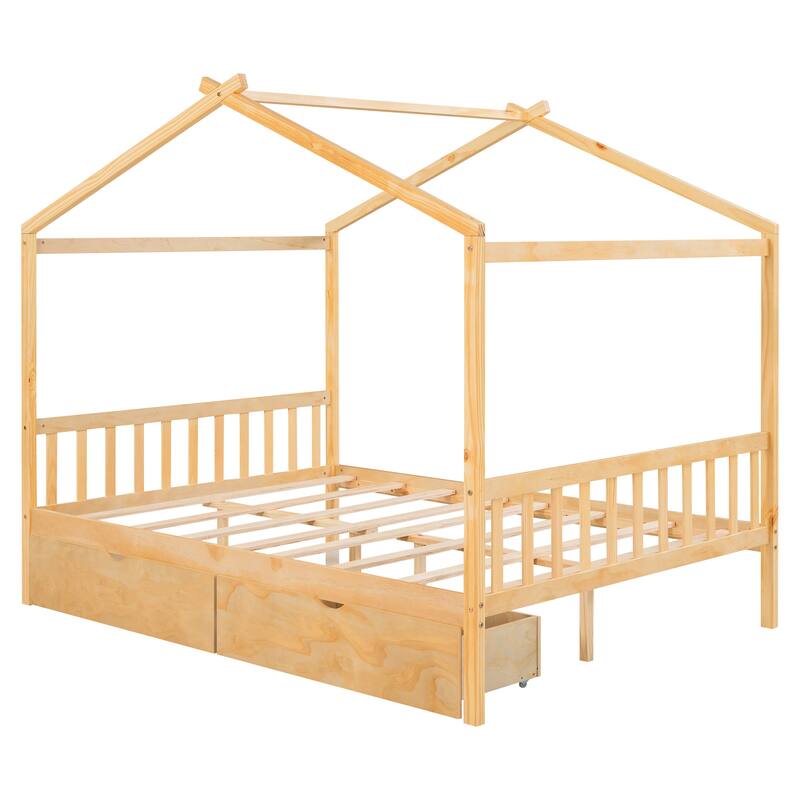 Full Size House Platform Bed with Storage Drawers, Roof, Headboard and Footboard