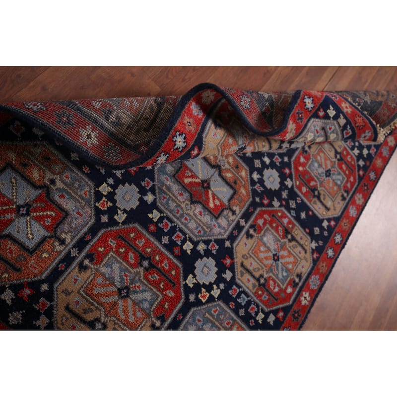 Geometric Navy Blue Khotan Indian Rug Hand-Knotted Wool Carpet - 4'0"x 6'1"