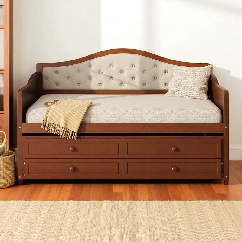 Twin Daybed with Trundle and 2 Storage Drawers, Upholstered Button Tufted Sofa Bed with Solid Wood Frame - Walnut - Twin