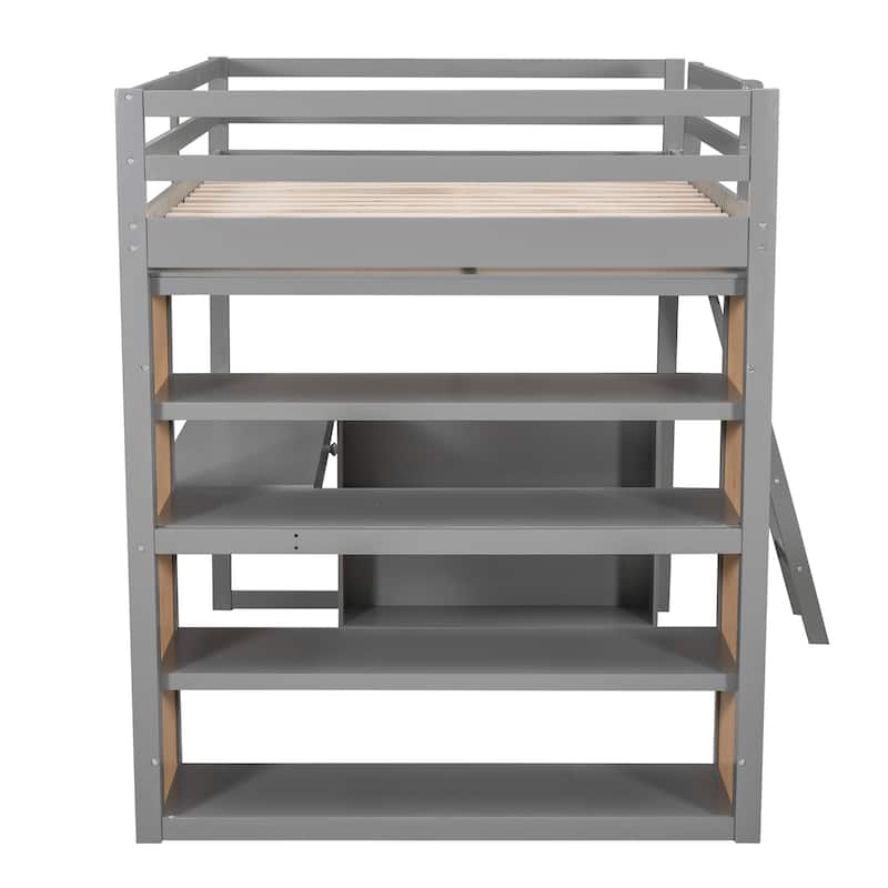 Gray Loft Bed with Desk, Shelves, Drawer, and Ladder, Full-Length Guardrail
