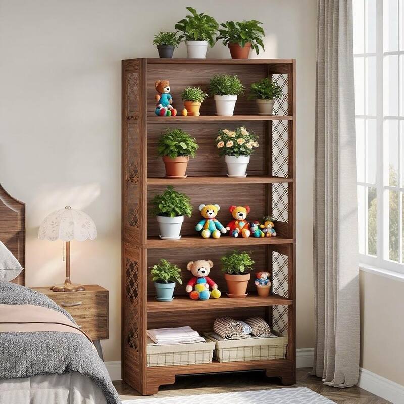 Brown MDF 6 Tier Bookshelf with X Shaped Side Pattern and Sturdy Base - 31.5" L x 11.81" W x 70.87" H