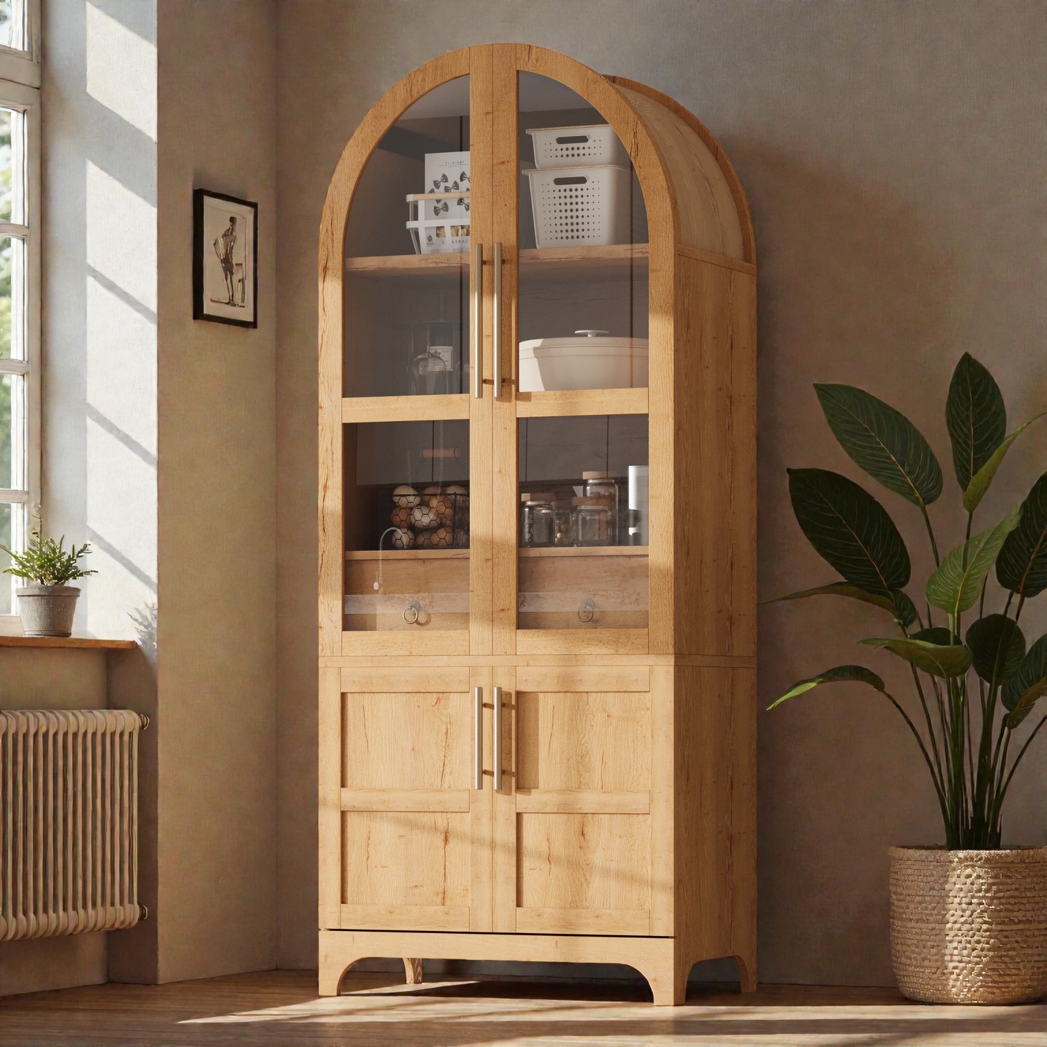 71" Tall Arched Kitchen Pantry Cabinet with Glass Door, Door Shelves, Adjustable Shelves and Hidden Drawer for Dining
