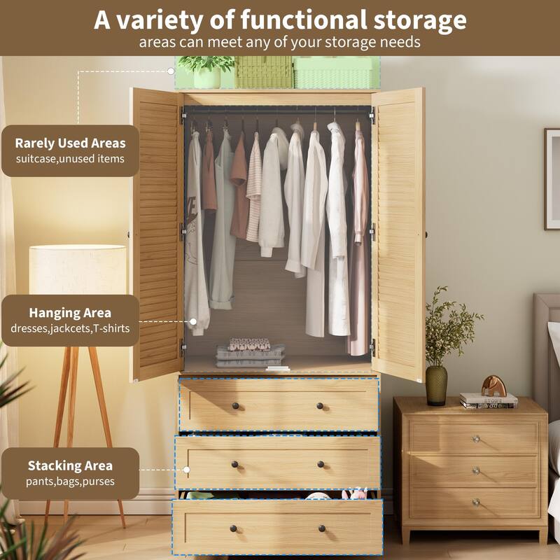 69.5" Wooden Armoire Wardrobe Closet with Louvered Doors, Drawers & Hanging Rod, Natural Finish Storage Cabinet