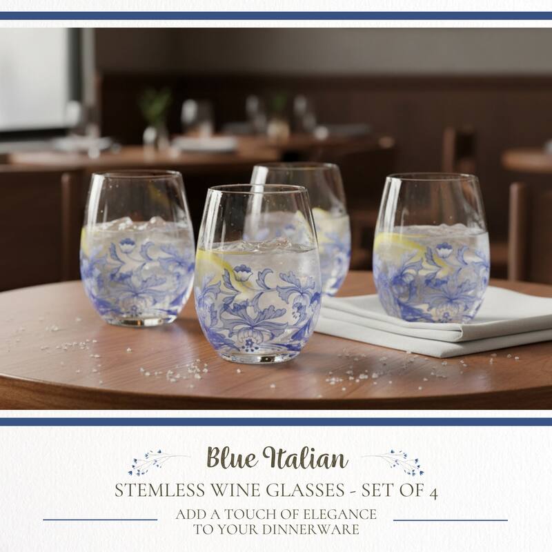 Spode Set of 4 Blue Italian Stemless Wine Glass - 19 oz.