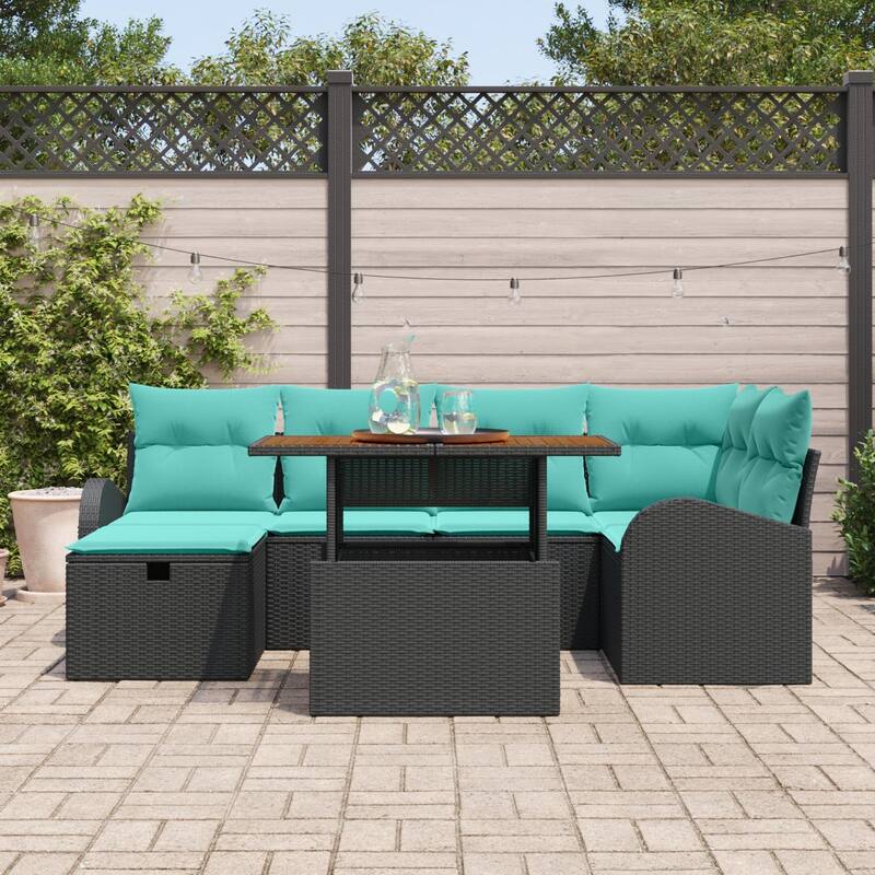 vidaXL 7 Piece Garden Sofa Set with Cushions Black Poly Rattan - 92.1 x 48.8 x 27.2
