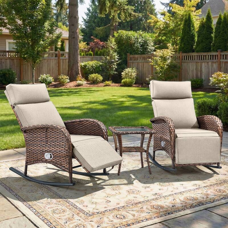 Pocassy Versatile Outdoor Recliner Rocker Chair with Side Table - Brown Wicker with Beige Cushion - 3-Piece Rocker Recliner Chair with Side Table