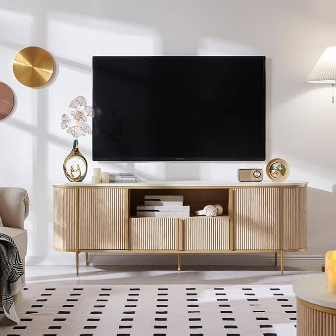 Modern Luxury TV Stand, Entertainment Cente, with Faux Marble Top