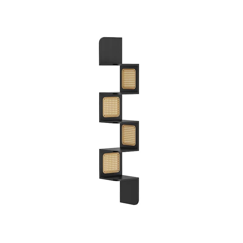 5-Tier Space-Saving Modern Zigzag Corner Shelf Wall-Mounted Display for Bedroom or Living Room - 7.9"D x 7.9"W x 49.6"H - Ash-Black