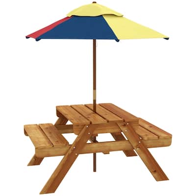 3-in-1 Kids Teak and Blue Outdoor Picnic Table with Sand-Water Box and Removable Umbrella - 35" L x 31.7" W x 56.1" H