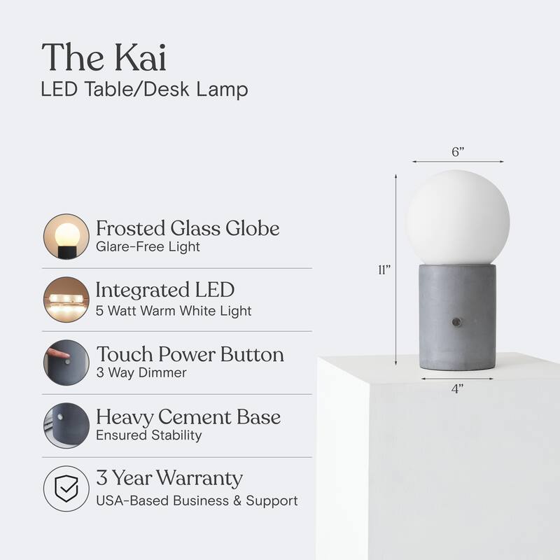 Brightech Kai 11 in. Cement Gray Mid-Century Modern Integrated LED Bedside Table Lamp with Built-In 3-Way Dimmer