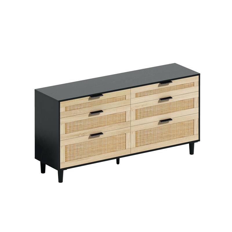 Rattan 6-Drawer Double Dresser with Metal Handle, Clothes Storage Cabinet for Bedroom