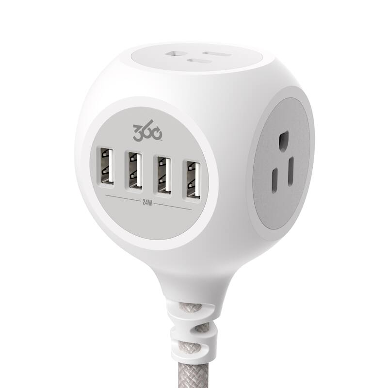 360 Electrical PowerBall 24W 6ft. Braided 3-Outlet Charging Hub Extension Cord w/ 4 USB-A ports