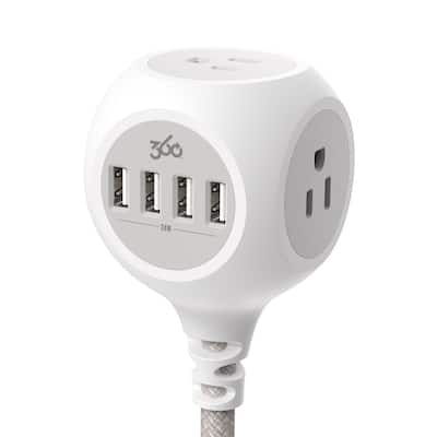 360 Electrical PowerBall 24W 6ft. Braided 3-Outlet Charging Hub Extension Cord w/ 4 USB-A ports