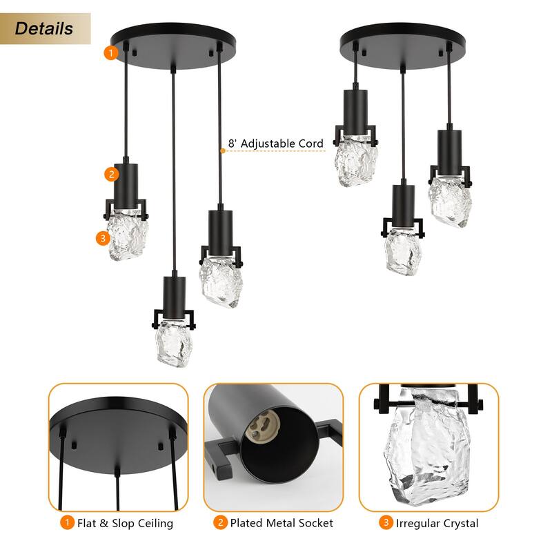 WINGBO 3-Light Modern Crystal Pendant Light Fixture Height Adjustable Hanging Light - N/A