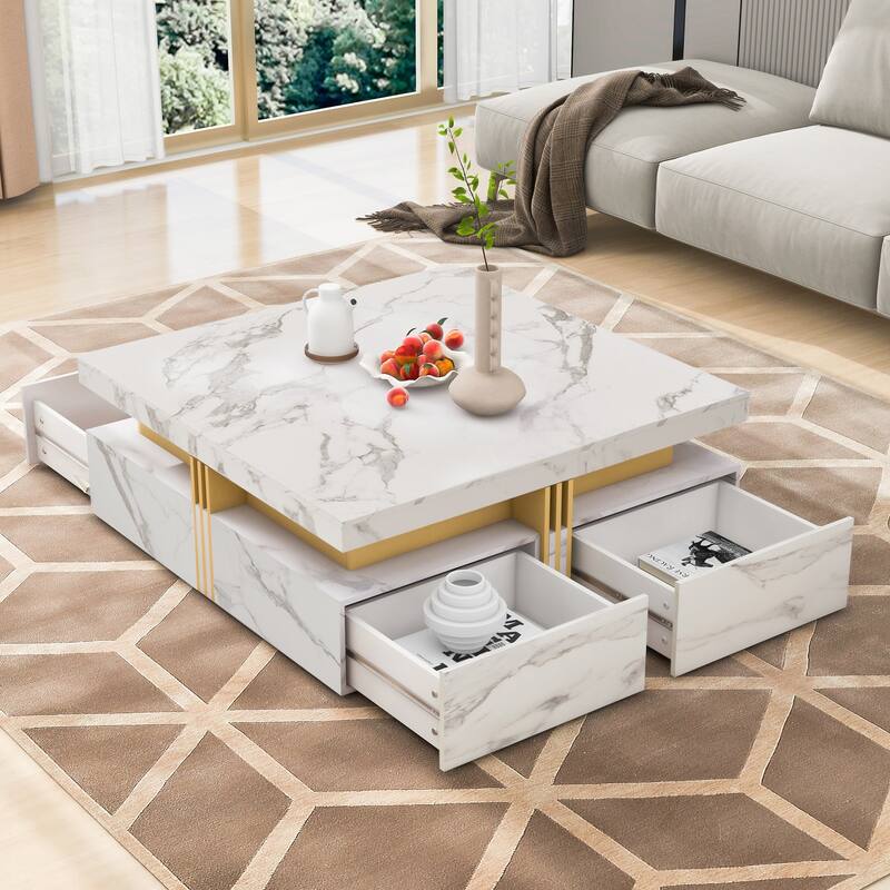 Modern White Square Storage Coffee Table with 4 Drawers Bed Bath
