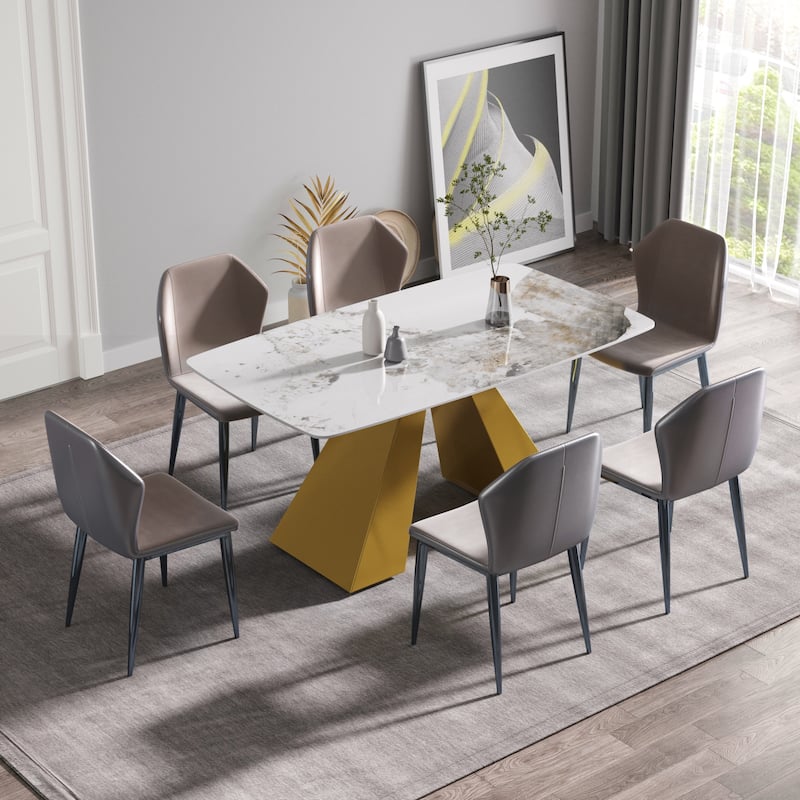 63"Modern artificial stone pandora white curved metal leg dining table -6 people