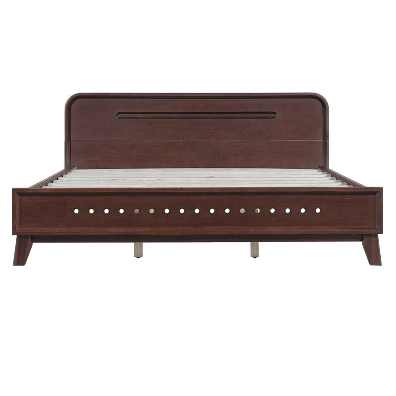 Pine Solid Wood Platform Bed with Headboard, Mid Century Bed Frame with Wood Slat Support