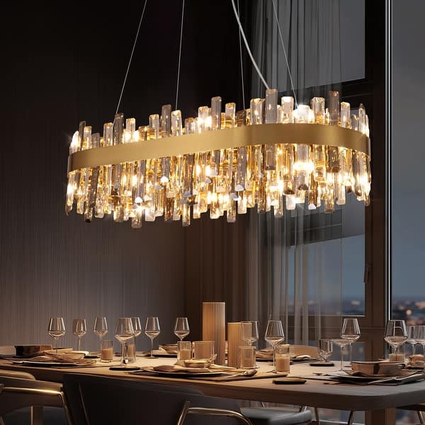 slide 2 of 11, 35.4'' Modern Crystal Chandelier 16-Light Rectangle Gold Brass Chandelier Luxury 2-Tier Crystal Pendant Light for Kitchen Island Gold