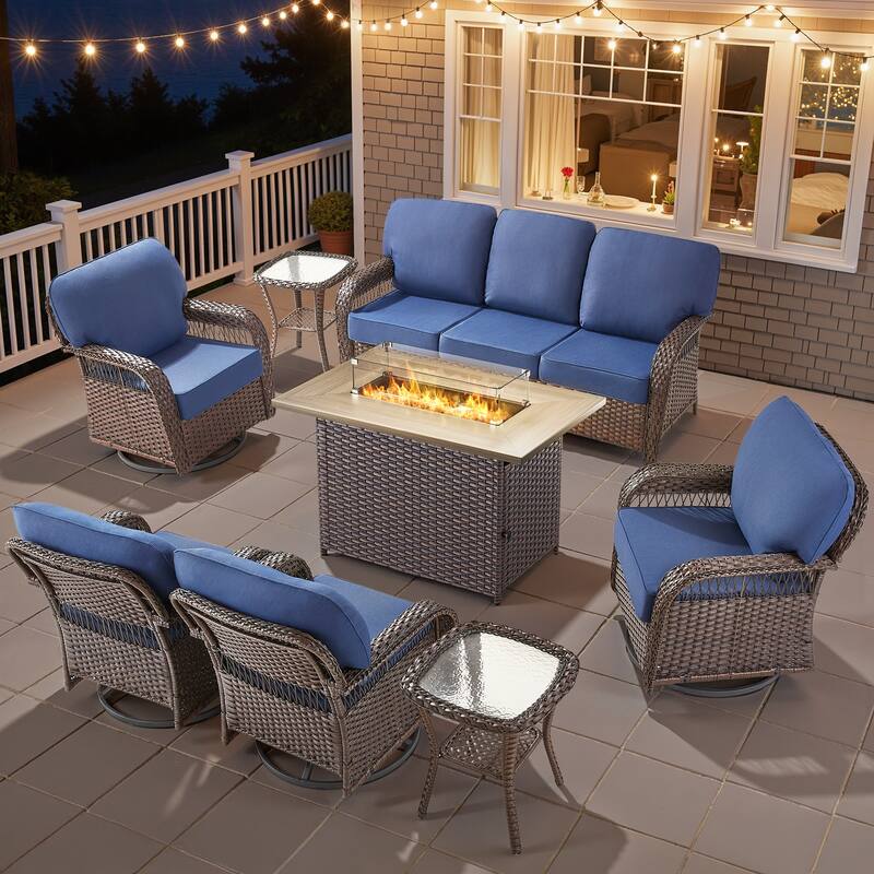 Pocassy Patio Sofa Ottoman Swivel Chair Table with Fire Table Funiture Set. - Brown Wicker Blue Cushion - 8-Piece Sofa Swivel Chair Table w/ Fie Pit Table