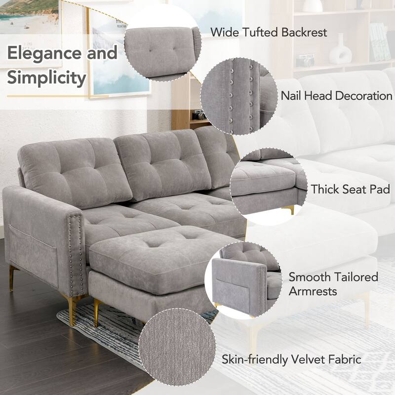 L Shaped Convertible Sectional Sofa with Ottoman, Velvet Fabric 5 Seater Sofa, Upholstered Sofa with Chaise & Storage Pockets