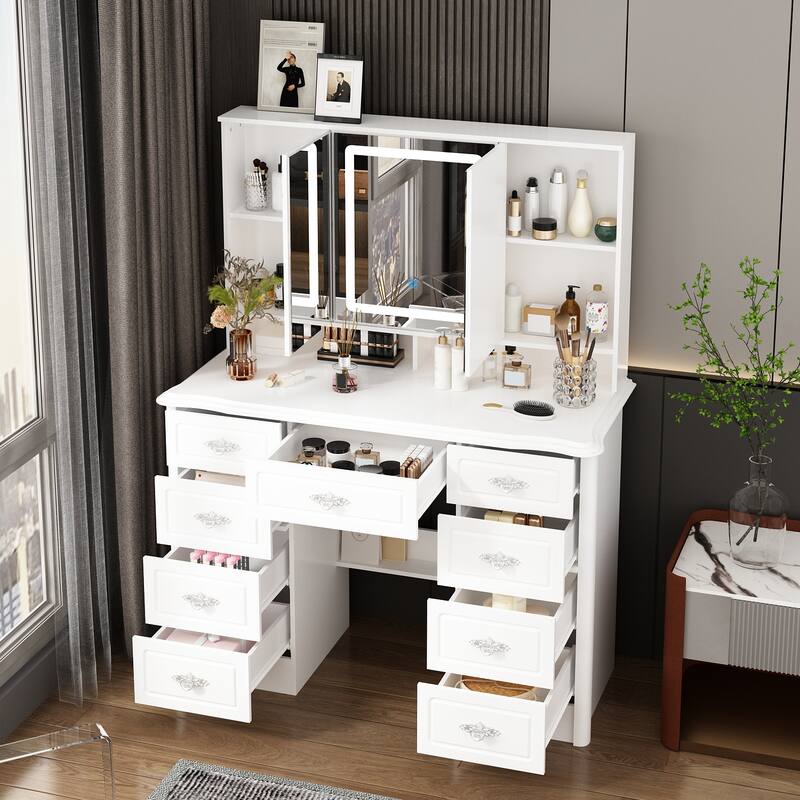 White Makeup Vanity Desk with LED Mirror, 9-Drawer Vanity Table with Storage Cabinets for Bedroom
