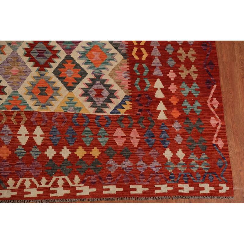 All-Over Geometric Kilim Oriental Large Rug Hand-Woven Wool Carpet - 10'5"x 16'2"