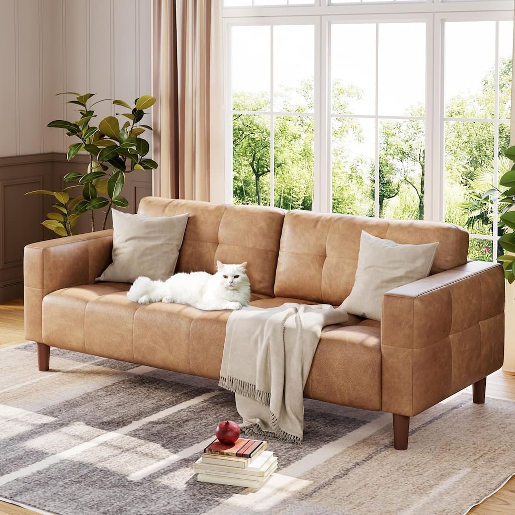 3-Seater Sofa Couch, 83" Wide Faux Leather Sofa Couch with Spring Cushion, Modern Sofa