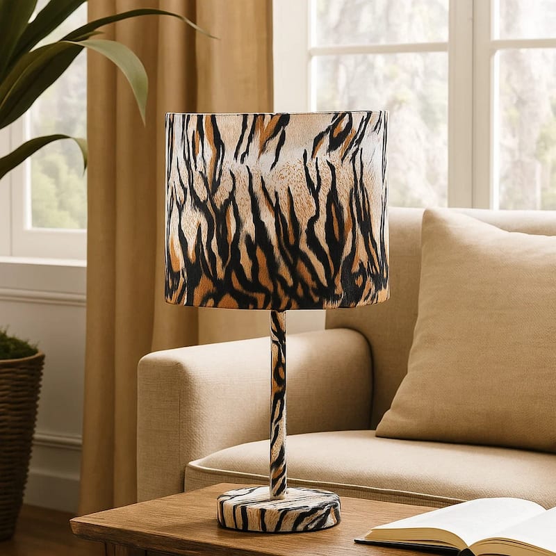 Fabric Wrapped Table Lamp with Striped Animal Print, Brown and Black