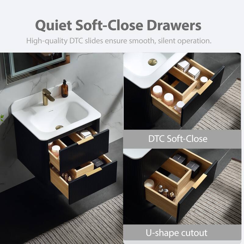 Modland Fluted Floating Vanity with Sink, Plywood Wall Mount Cabinet, Curved Edge, 24/30/36 Inch