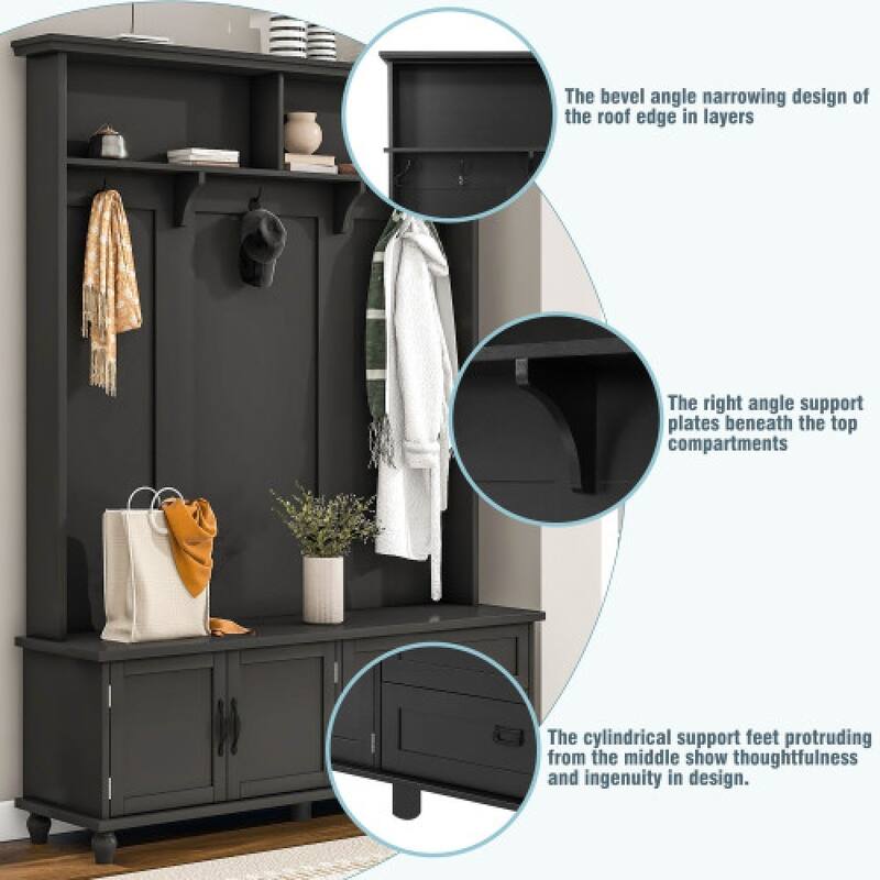Modern Style Hall Tree With Storage Cabinet Drawers Open Storage Shelves Space Saving
