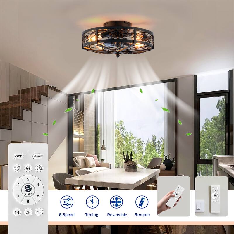 20 inch Flush Mount Ceiling Fan Light with Remote Caged Farmhouse Fandelier Black Wood Low Profile