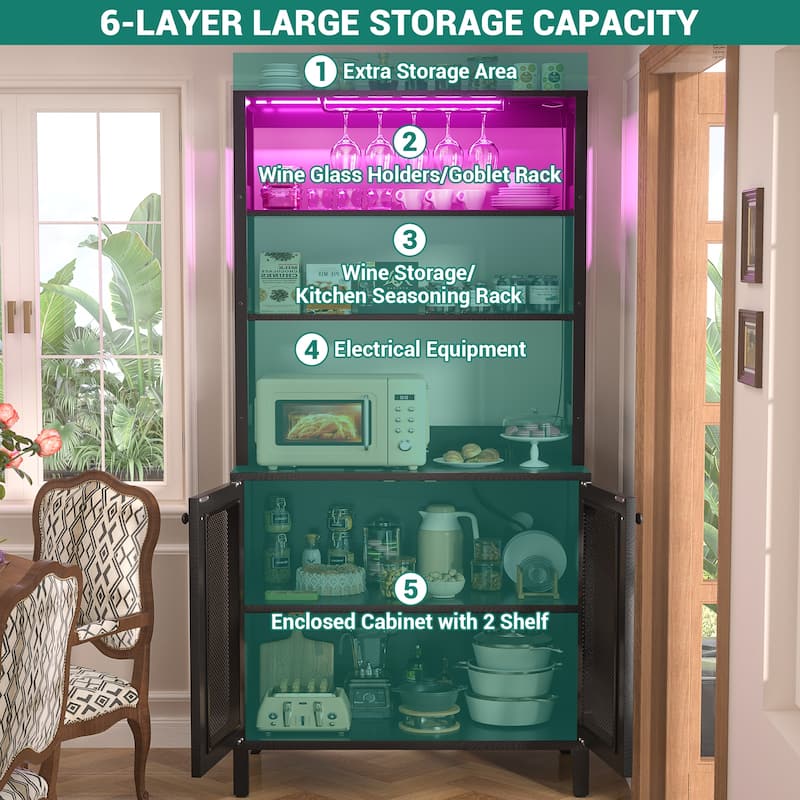 66.9'' Tall Modern Wine Cabinet Bar Cabinet with Wine Glasses Rack and LED Strip and Power Outlets
