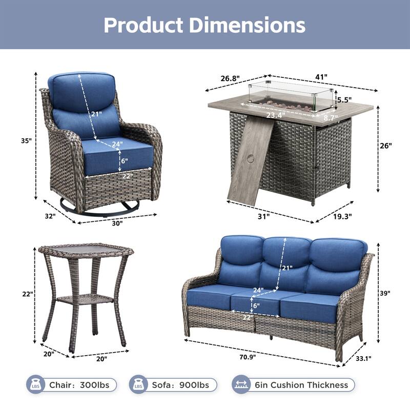 Meyreso 7-Piece Wicker Outdoor Patio Fire Pit Conversation Set with 6-Inch Thick Cushions