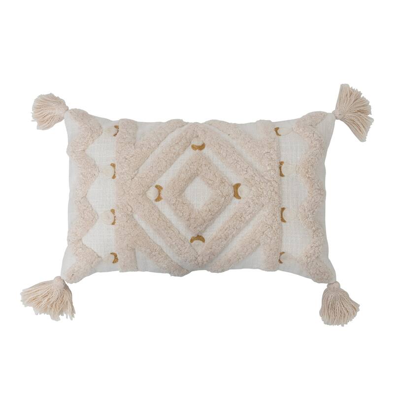 Cotton Tufted Lumbar Pillow with Embroidery and Tassels