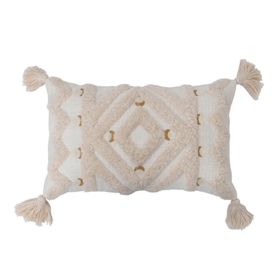 Cotton Tufted Lumbar Pillow with Embroidery and Tassels