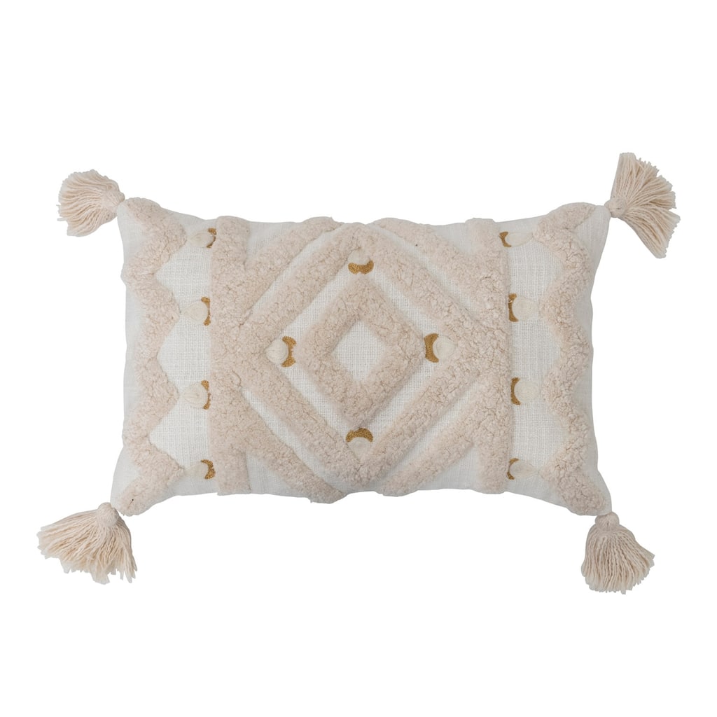 Cotton Tufted Lumbar Pillow with Embroidery and Tassels