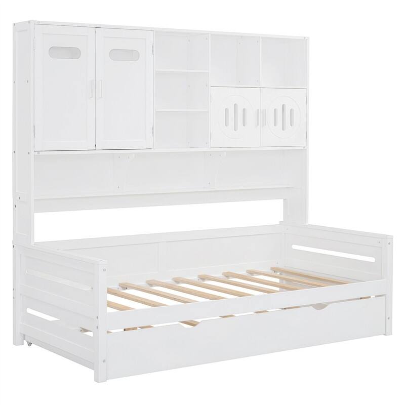 Wooden Daybed with Twin Size Trundle and All-in-One Cabinet, Twin/Full Size Daybed Frame Sofa Bed with Storage Shelves