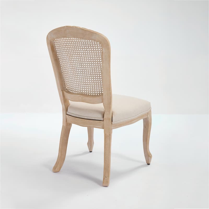 Set of 2 French Country Dining Chairs, Upholstered with Natural Rattan Fan-Shaped Back