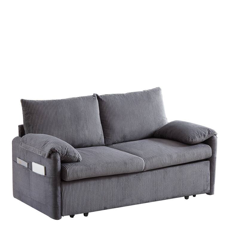 65" Corduroy 2-Seater Sleeper Sofa, 3-in-1 with Storage and Side Pocket