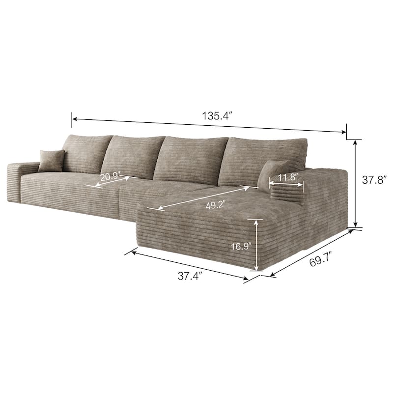Floor Standing Corduroy Upholstered Modular Deep Seat Sofa L-shaped Sectional Couch with Chaise for Living Room, Apartment
