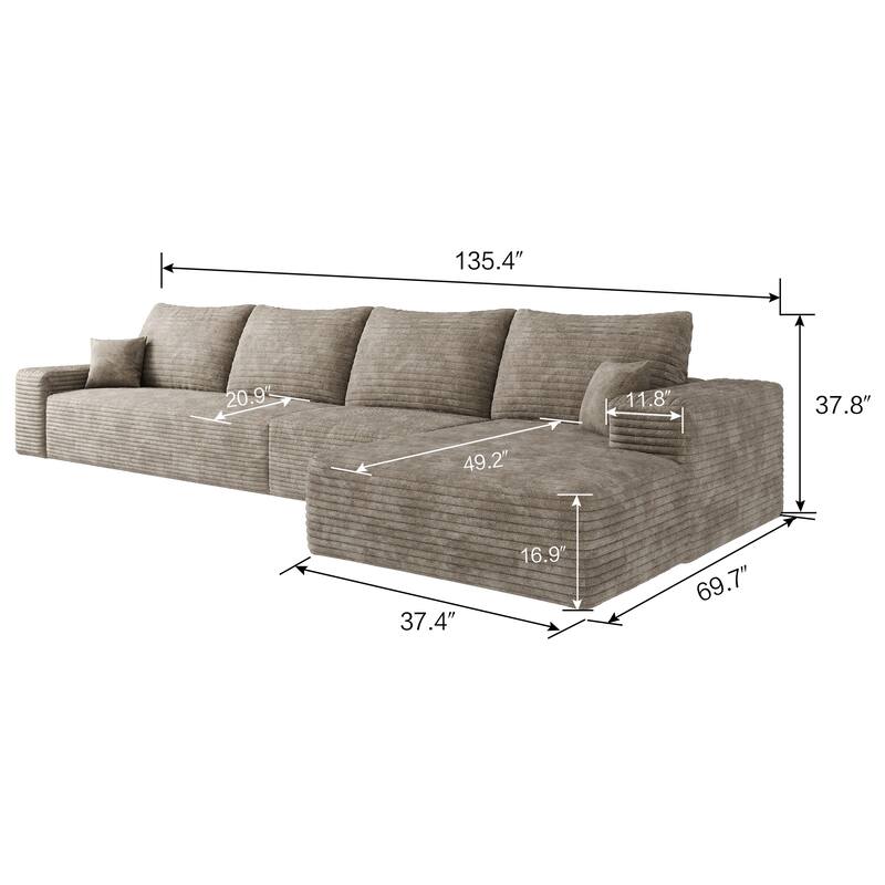 Large Sleeper Sectional Couch L-Shape Floor Modular Recliner Sofa Corduroy Upholstered Chaise Lounge with Ottoman for Livingroom