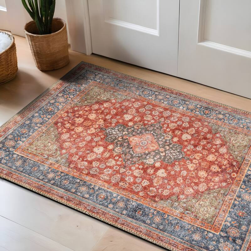 Black Traditional Flat Pile Rug - Washable and Pet Friendly, Non-Slip Surface - Red - 2' x 3'