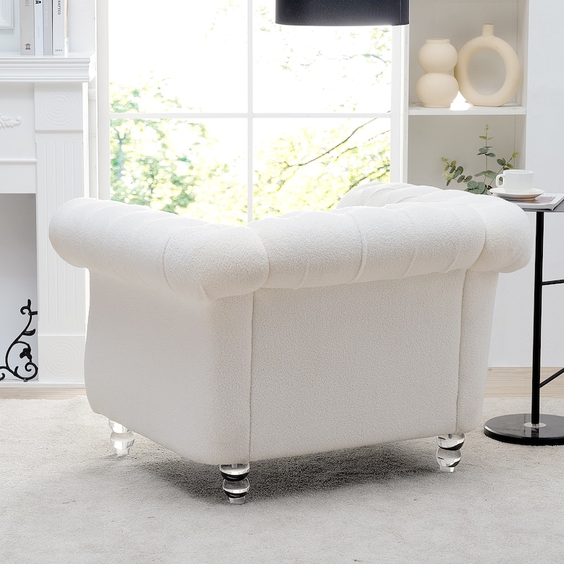 White Teddy Modern 38.98" Upholstered Buttons Tufted Accent Chair with Gourd Shaped Birch Legs and Nailheads