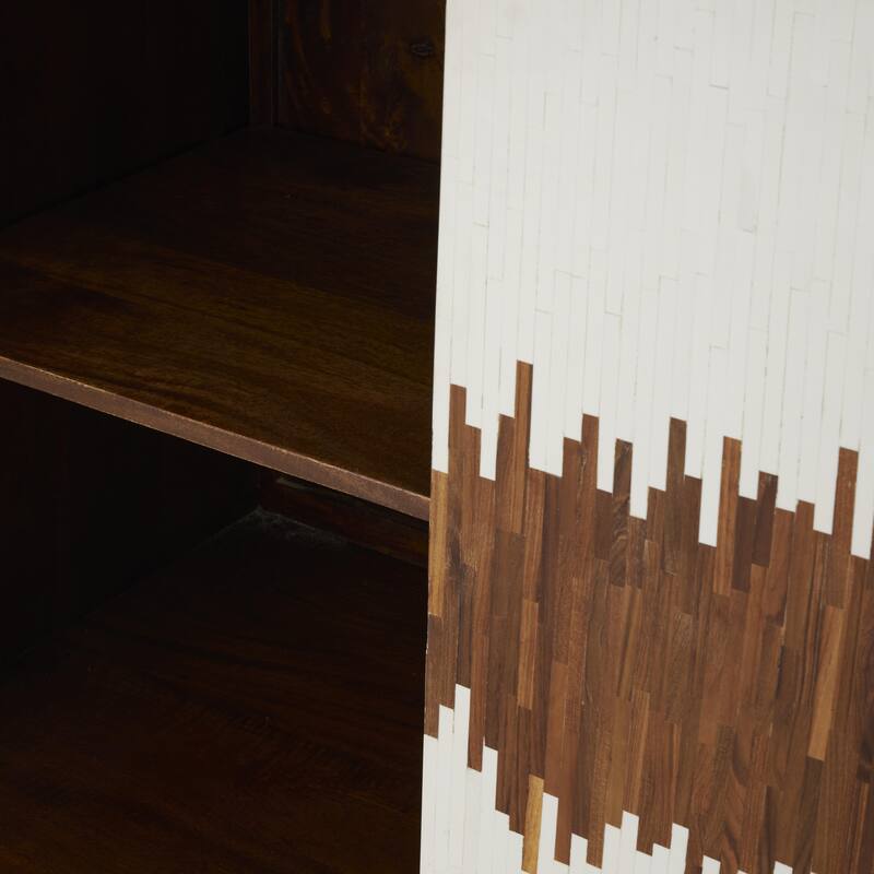 Brown or Black Mango Wood 3 Door and 3 Shelf Abstract Media Credenza Sideboard with White Front and Striped Pattern