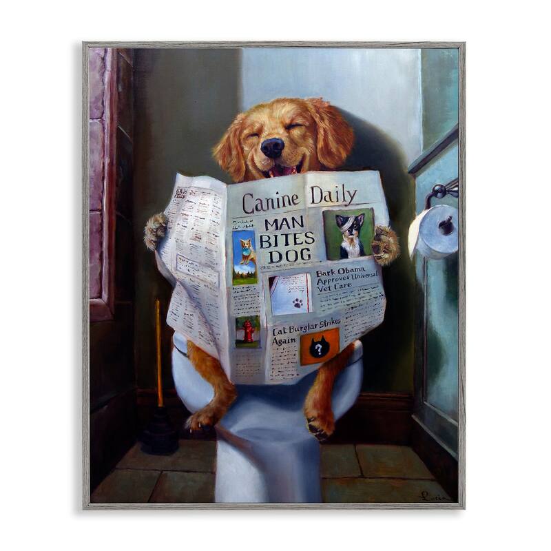 Stupell Dog Reading the Newspaper On Toilet Framed Art, Design By Artist Lucia Heffernan - Multi-color - 16 x 20 - Grey