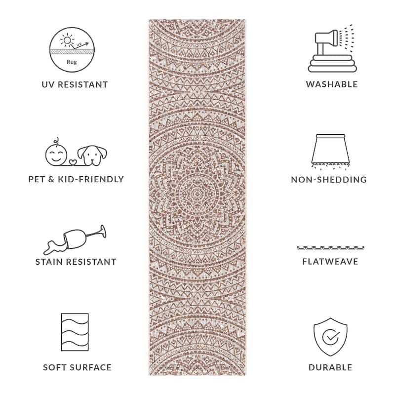 SAFAVIEH Courtyard Deepa Mandala Indoor /Outdoor Waterproof Patio Backyard Rug - 2'3" x 8' Runner - Light Beige/Light Brown